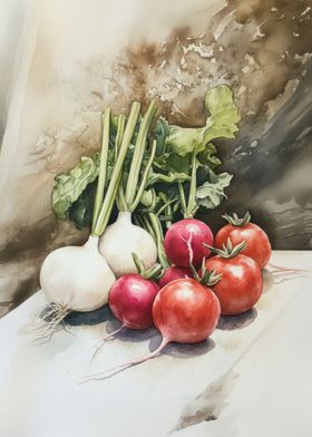 Watercolor Still Life of Radishes and Onions