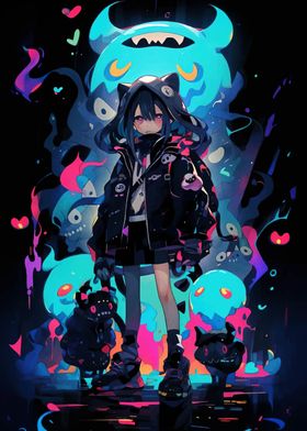 Anime Girl with Glowing Creatures