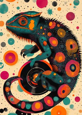 Chameleon Poster with Vinyl Record | Vibrant Chameleon DJ | Vinyl Record Art | Unique Wall Decor