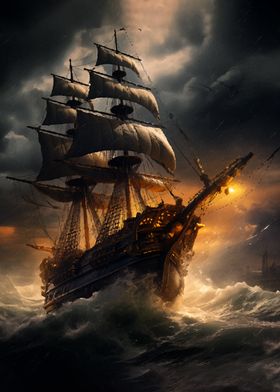 Ship in Stormy Sea