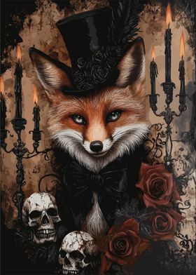 Gothic Fox in Top Hat with Roses and Skulls