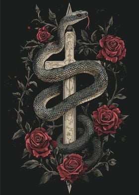 Gothic Snake with Cross, Thorns and Roses