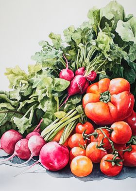 Watercolor Still Life of Vegetables