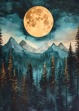 Golden Moon, Forest and Mountains