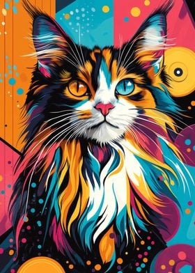 Vibrant Maine Coon Cat | Bold Abstract Pop Art Print |Colorful Cat Portrait