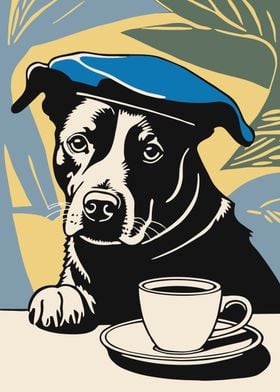 Dog in Beret with Coffee