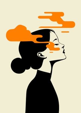 Minimalist illustration Woman with Orange Clouds