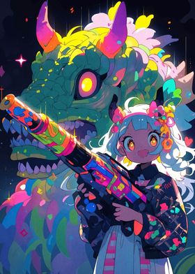 Colorful Anime Girl with Dragon