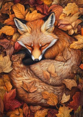 Sleeping Fox in Autumn Leaves