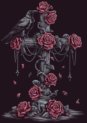 Gothic Raven and Roses Cross