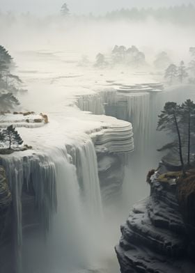 Frozen Waterfall in Mist