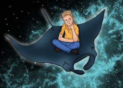 Boy Riding Manta Ray in Space