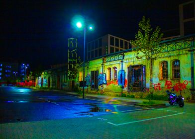 Night Street Scene with Graffiti