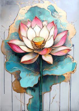 Lotus Flower Painting Golden Green