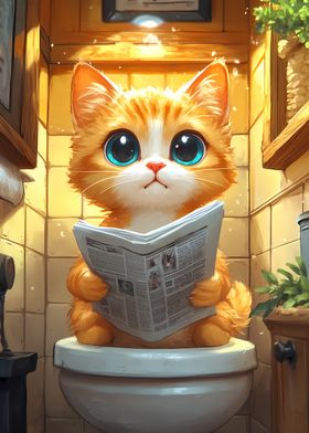 Cat Reading Newspaper on Toilet