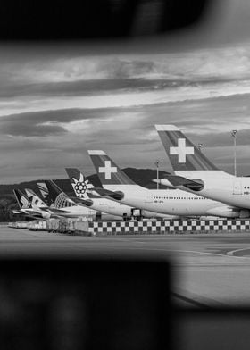 Airplanes parked at Terminal E at Zurich Airport