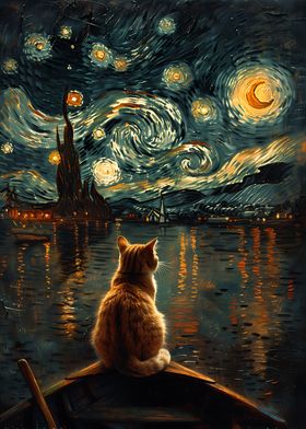 Cat Under The Starry Night