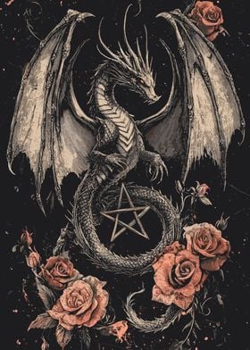 Gothic Dragon with Pentagram and Roses