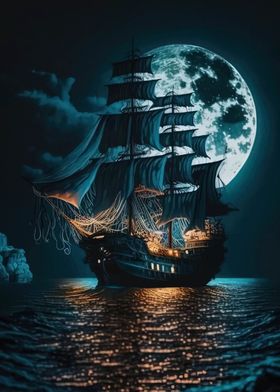 Black Galleon Under Moonlight