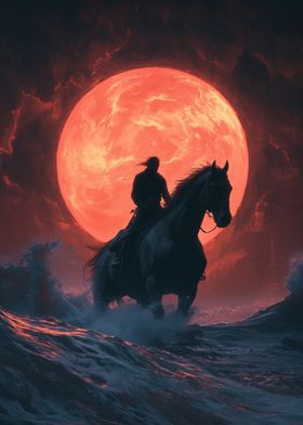 Silhouette Rider Under Blood Moon