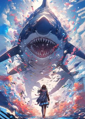 Girl Facing Giant Shark