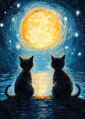 Cats Moon Starry Night