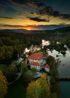 Castle by the River at Sunset