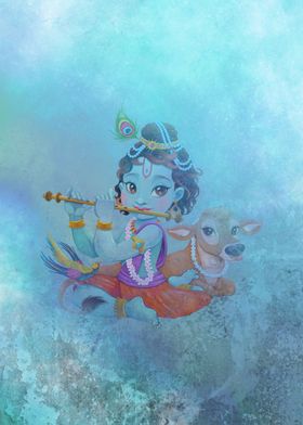 Krishna with Flute and Cow