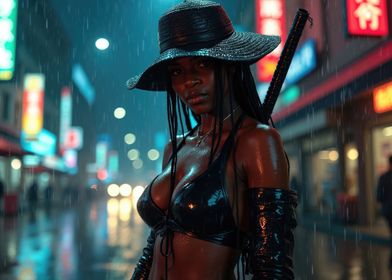 Cyberpunk Warrior in the Rain