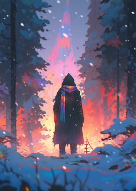 Mysterious Figure in Snowy Forest