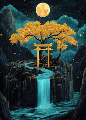 Golden Tree and Waterfall to the Moon