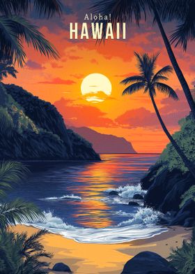 Hawaii Sunset Vintage Travel Poster 