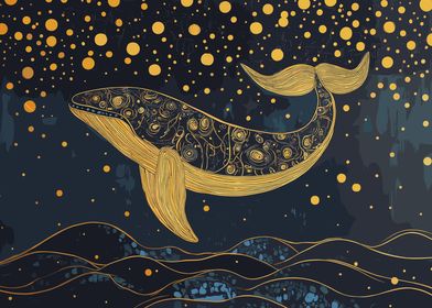 Golden Whale in Starry Night Sky