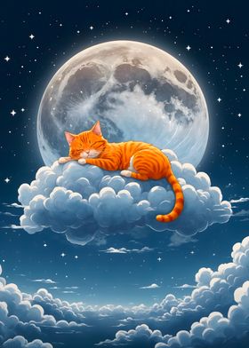 Anime Cat Sleeping Moon