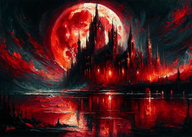 Gothic Castle Under Blood Moon