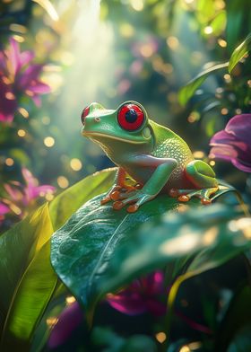 Red-Eyed Tree Frog in tropical Forest