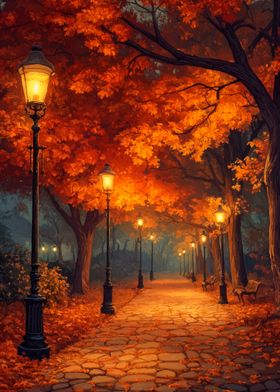 Autumn Path with Streetlights