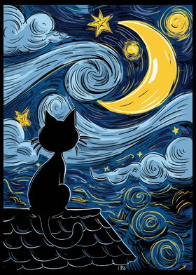 Cat Under Starry Night