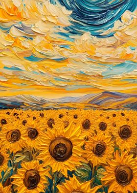 Sunflowers Under a Swirling Sky