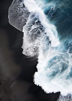 Ocean Wave Crashing on Black Sand