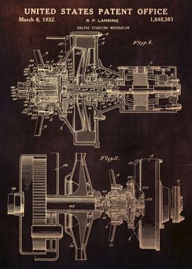 Patent 1932 Engine Starting mechanism Poster Print Engine Blueprint Garage Workshop Art