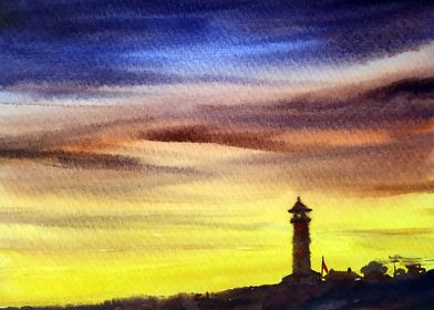 Lighthouse Sunset Watercolor