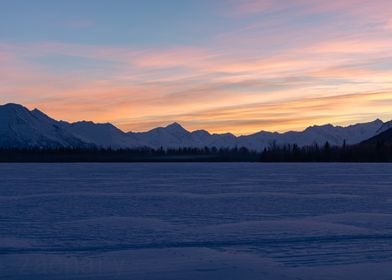 Snowy Mountain Sunset In Butte Alaska