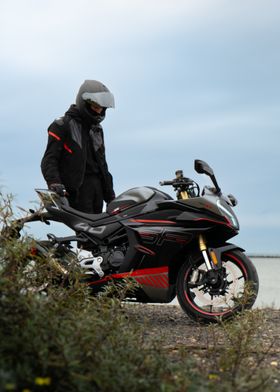 Motorcycle with rider at sea