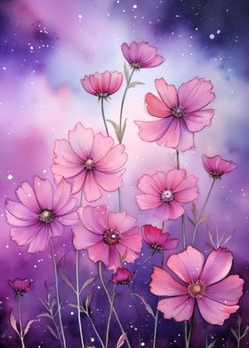 Pink Cosmos Flowers in Galaxy