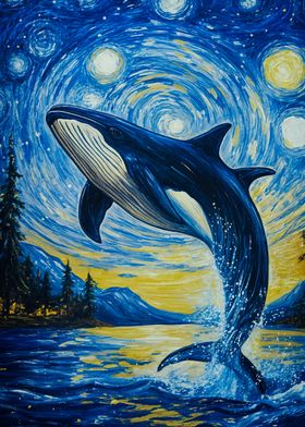 Whale Jumping Starry Night