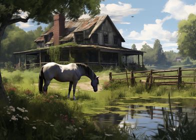 Horse by Rustic Farmhouse