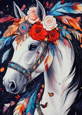 White Horse with Feathers and Flowers