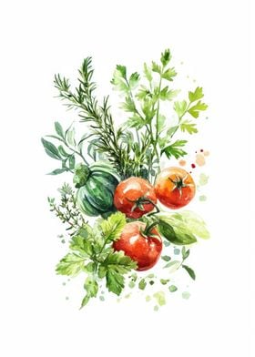 Watercolor Tomatoes and Herbs