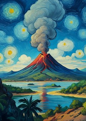 Starry Tropical Island Volcano Eruption